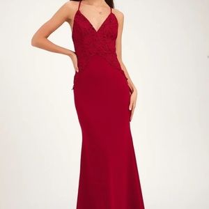 Katalina Wine Red Backless Crochet Lace Maxi Dress